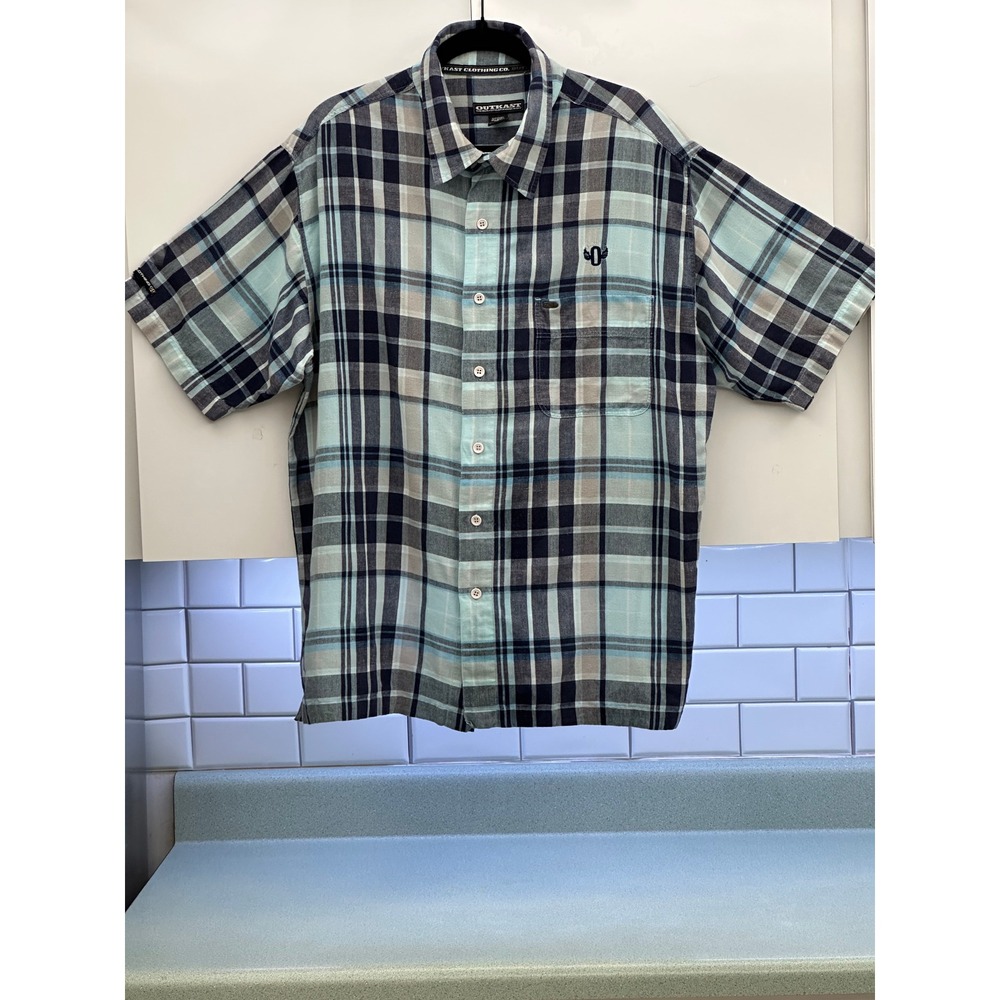 Outkast Clothing Mens XL Plaid Short Sleeve Button Up Blue Hip Hop/Streetwear